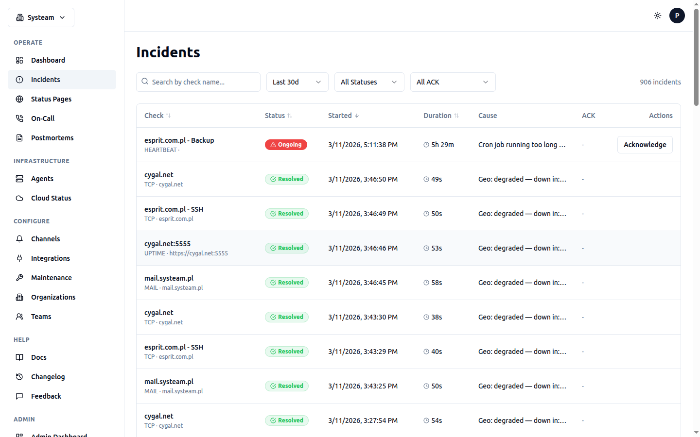 Incidents page