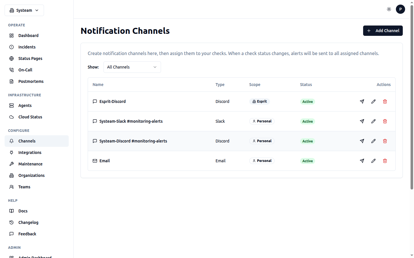 Notification Channels page
