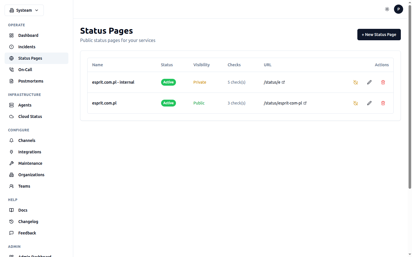Status Pages management